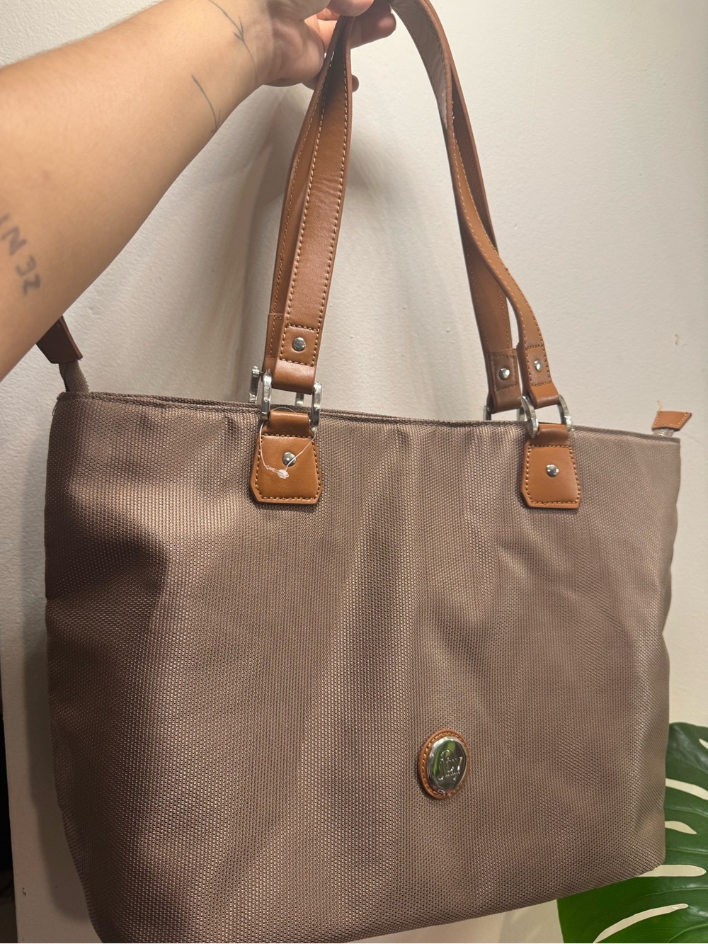 Joy Mangano Taupe Nylon Tote with Tan Trim